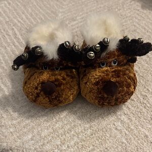 Brown Reindeer Plush Slippers with Bells